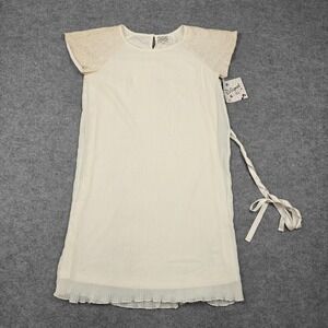 D-Signed Dress Girls XL White Lace Cap Sleeve Pleated Chiffon Belted Party New